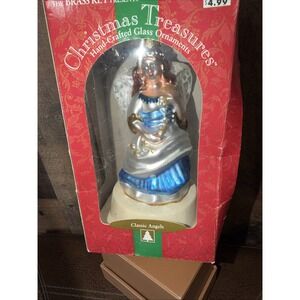 Vtg Brass Key Christmas Treasures Glass Angel Ornament Blue Gown Classic 2000